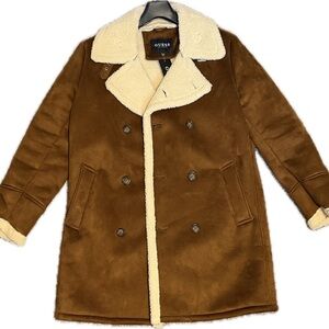 GUESS Men's Tan Pea Coat with Cream Shearling